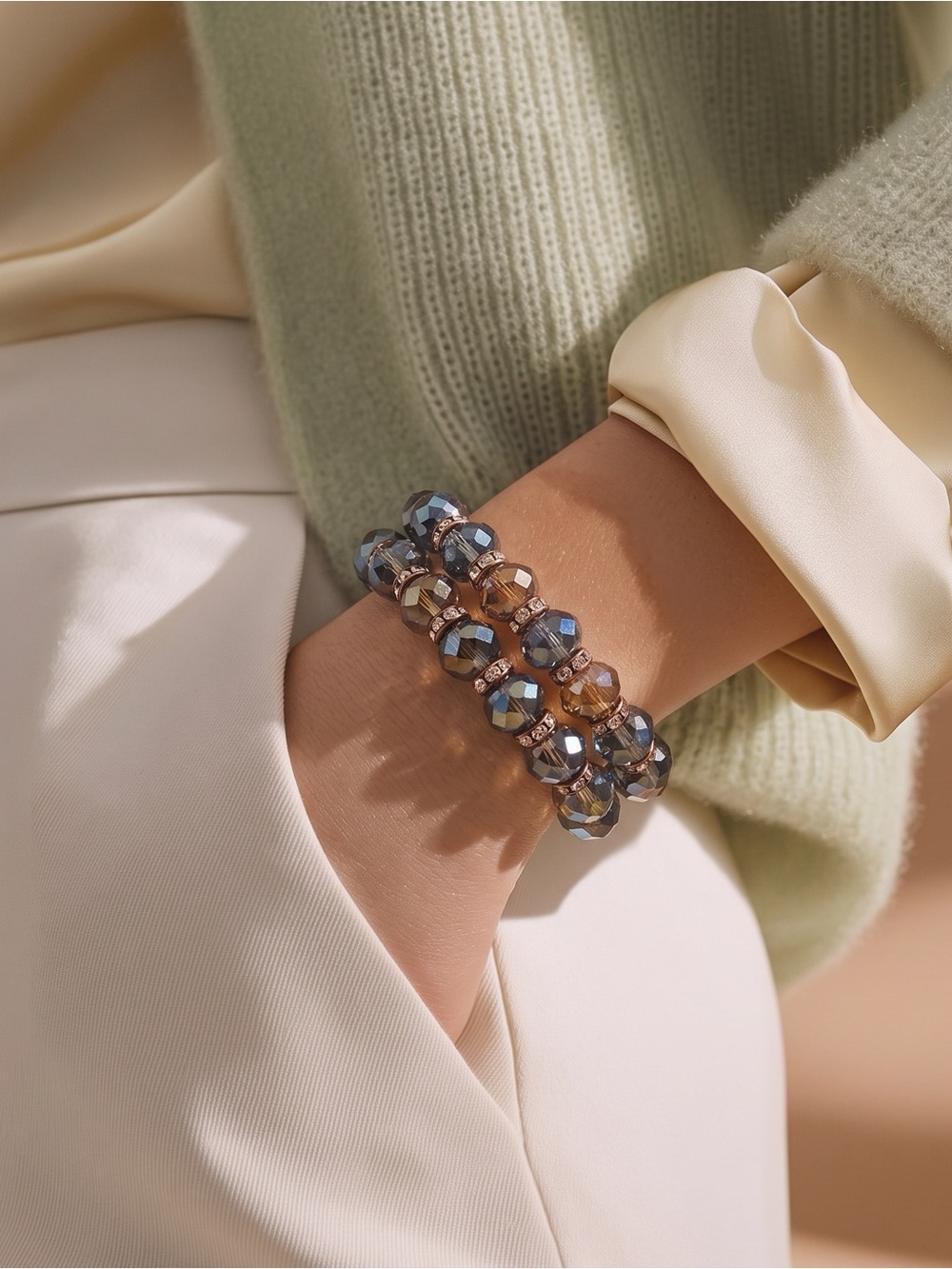 Crystal Bead Stretch Bracelet - Blue and Gold☑️